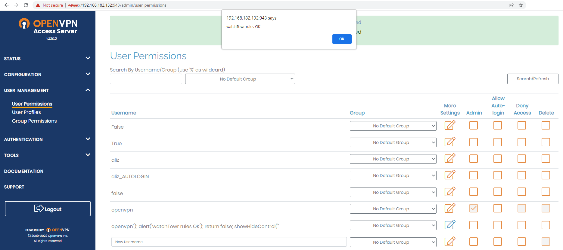 The 'add user' dialog, but with a an alert messagebox displaying 'watchTowr rules OK'